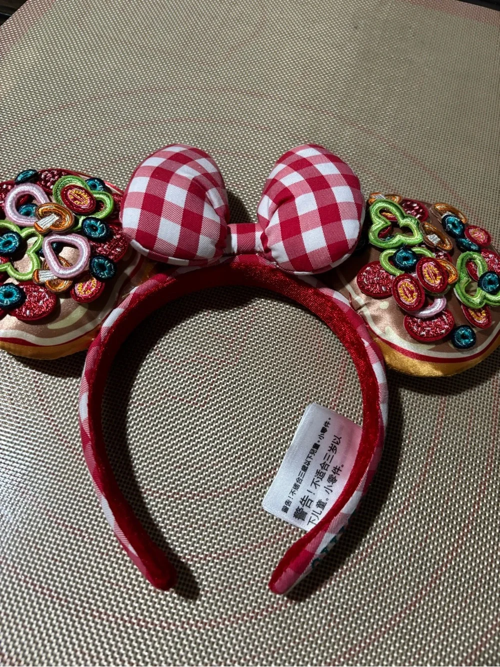 Disney Red Gingham Bow Headband with Colorful Donut Ears
